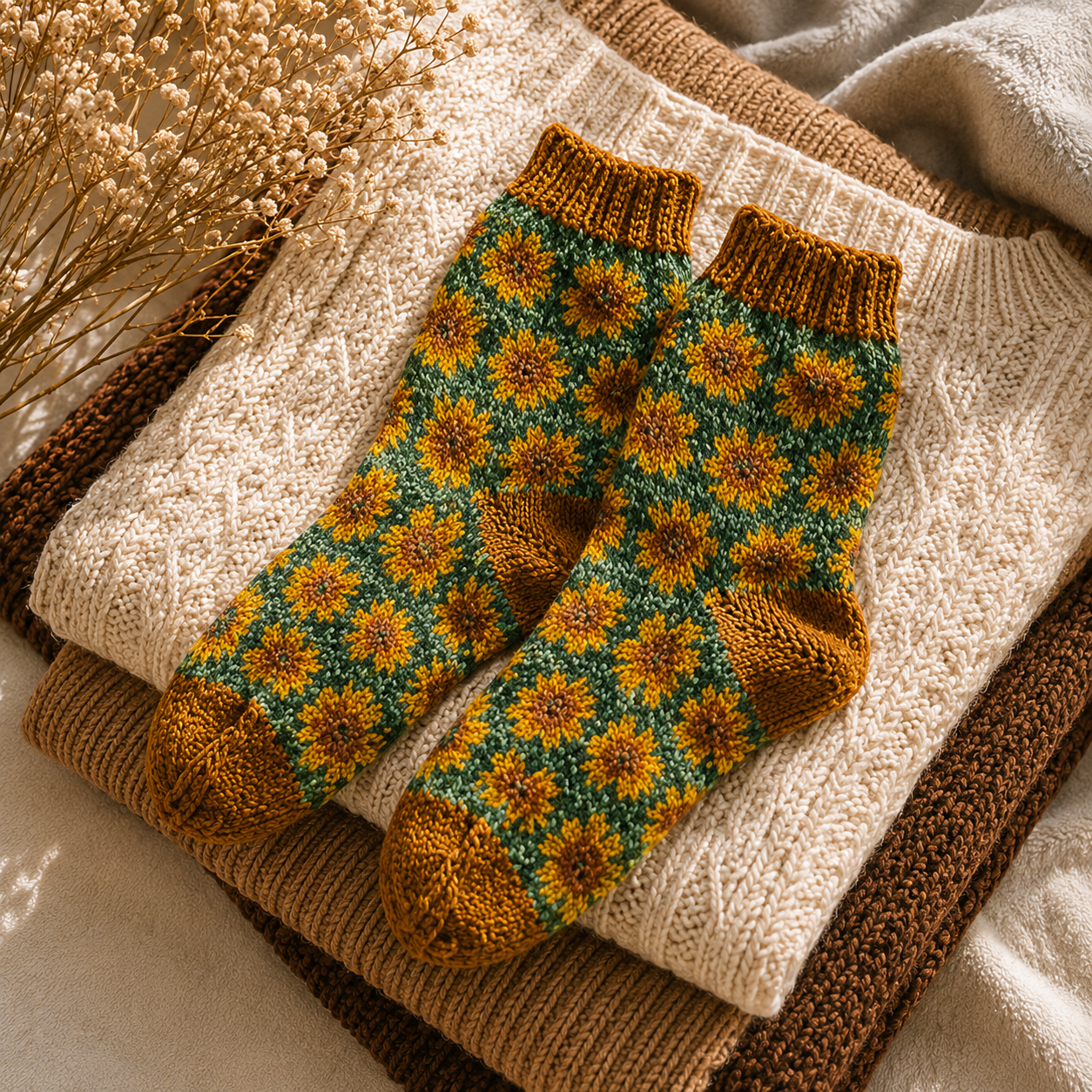 Sunflower Socks Knitting Pattern Four Color Colorworks - PDF Download